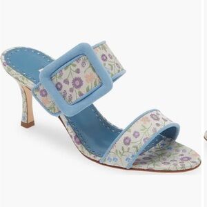 Manolo Blahnik Gable Floral Jacquard Blue Buckle Mule Sandals Heels EU 41